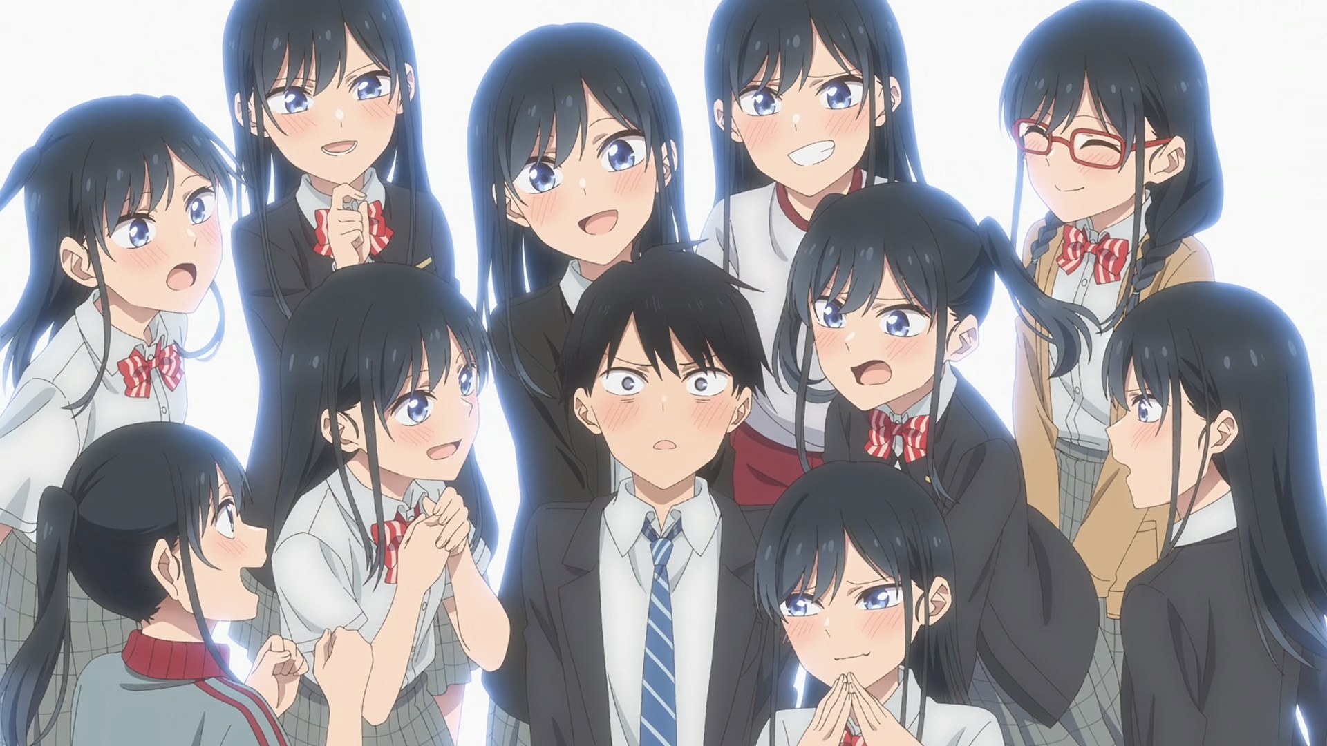 Rin in all her personas surrounding a flustered looking Eiji